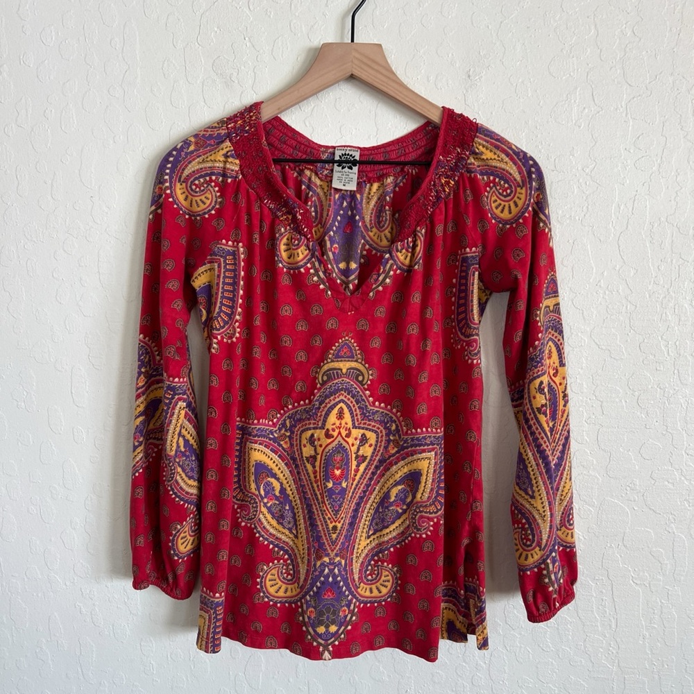 Vintage Y2K Lucky Brand Smocked V-Neck Long Sleeve Boho Top Medium Red Paisley